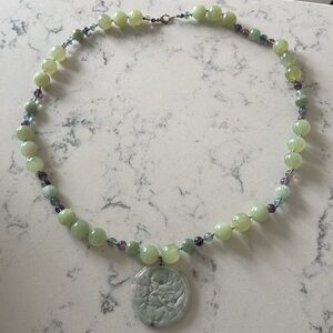 Stunning Carved round Jade piece lavendar & green marble beaded necklace 36”